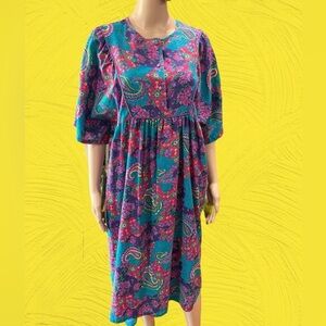 Vintage handmade 80’s empire kaftan Paisley colorful dress w/pockets -L